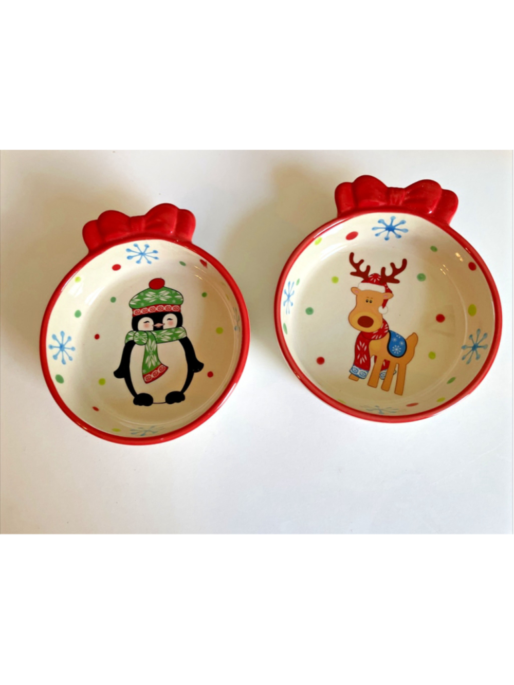 Set of 2 Temp-tations Winter Whimsy Ceramic Dip Nut Candy Dish Penguin Reindeer